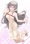  :d breasts brown_eyes cleavage collarbone dress floating_hair flower full_body glasses hand_in_hair hazuki_shizuku highres long_dress long_hair looking_at_viewer medium_breasts new_game! open_mouth orange_flower orange_rose pink_x rectangle rose semi-rimless_eyewear shiny shiny_hair shiny_skin silver_hair sleeveless sleeveless_dress smile solo strapless strapless_dress under-rim_eyewear very_long_hair white_background white_dress 