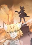  animal_ears blonde_hair bow bowtie cat_ears cat_tail commentary_request dated elbow_gloves flcl gloves green_eyes grin guitar haruhara_haruko holding holding_instrument instrument kemono_friends korean_commentary parody print_neckwear print_skirt roonhee sand_cat_(kemono_friends) sand_cat_print short_hair skirt smile solo standing style_parody tail tornado 