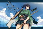  1girl aircraft apron bangs black_eyes blue_hair bow_(weapon) breasts closed_mouth cloud dagashi_(place) eyebrows_visible_through_hair gloves hair_between_eyes hair_ribbon hakama_skirt holding holding_bow_(weapon) holding_weapon japanese_clothes kantai_collection kimono large_breasts long_hair ocean outdoors partly_fingerless_gloves quiver ribbon sidelocks skirt sky smile solo souryuu_(kantai_collection) thigh_gap thighs twintails water weapon yugake 