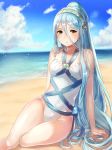  adapted_costume aqua_(fire_emblem_if) arm_support beach blue_hair blue_sky breasts cloud collarbone commentary day expressionless fire_emblem fire_emblem_if hairband haru_(nakajou-28) highleg highleg_swimsuit light_blush long_hair looking_at_viewer medium_breasts ocean one-piece_swimsuit ponytail sitting sky solo swimsuit very_long_hair yellow_eyes 