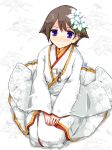  alternate_costume blue_eyes blush bride brown_hair commentary_request flipped_hair flower flower_knot full_body hair_flower hair_ornament hiei_(kantai_collection) japanese_clothes jewelry kanoe_soushi kantai_collection kimono ring seiza short_hair sitting solo tassel uchikake wedding_band white_background white_flower white_kimono 