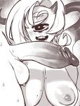  2018 anthro areola balls big_breasts big_penis breasts cyclops duo ear_piercing erection faceless_male female glo-s-s half-closed_eyes horn horned_tailclops humanoid humanoid_penis male male/female monochrome nipples not_furry nude open_mouth open_smile penis piercing sharp_teeth smile solo_focus sweat tailclops_(species) teeth 