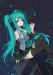  absurdres aqua_eyes aqua_hair chenran_tiantang detached_sleeves from_side hatsune_miku headset highres long_hair looking_at_viewer necktie open_mouth pleated_skirt sitting skirt solo thighhighs twintails very_long_hair vocaloid 