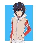  bangs beige_jacket black_hair blue_eyes blue_horns commentary cosplay darling_in_the_franxx english_commentary eureka_seven eureka_seven_(series) eyebrows_visible_through_hair hand_in_pocket highres hiro_(darling_in_the_franxx) hood hooded_jacket horns jacket k_016002 looking_at_viewer male_focus oni_horns renton_thurston renton_thurston_(cosplay) solo spoilers 
