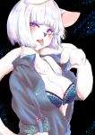 4_fingers anthro black_nose bra breasts chest_tuft cleavage clothed clothing eyelashes feline female front_view fur hair half-length_portrait hi_res looking_at_viewer mammal open_shirt portrait purple_eyes shikibetsuko short solo tongue tongue_out tuft underwear white_fur white_hair 
