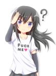  ? arm_warmers asashio_(kantai_collection) black_hair blue_eyes clothes_writing commentary fuck-me_shirt heart highres kantai_collection long_hair meme_attire profanity salute shirt smile solo t-shirt tamayan upper_body white_background 