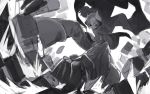 amrkdrw cape chain clenched_hand from_below gloves grin hair_between_eyes highres looking_at_viewer made_in_abyss monochrome multicolored_hair ozen perspective short_hair smile solo two-tone_hair 
