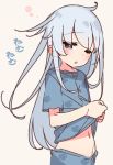  animal_print bird_print blue_eyes blush clothes_grab grey_hair hibiki_(kantai_collection) highres kantai_collection long_hair navel one_eye_closed pajamas parted_lips sleepy solo stomach yoru_nai 