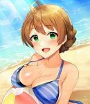  absurdres ahoge ball bangs bare_shoulders beach beachball bikini blue_bikini blush braid breasts cleavage collarbone commentary_request day eyebrows_visible_through_hair green_eyes hair_between_eyes highres holding idolmaster idolmaster_million_live! idolmaster_million_live!_theater_days jai_(whany1998) large_breasts light_brown_hair looking_at_viewer o-ring ocean open_mouth sakuramori_kaori shiny shiny_hair smile solo sparkle striped striped_bikini sunlight swimsuit tan tanline tied_hair 