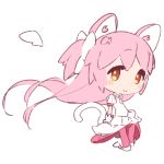  animal_ears blush cat_ears cat_tail chibi dress full_body kaname_madoka long_hair looking_at_viewer mahou_shoujo_madoka_magica pink_hair red_eyes simple_background smile solo tail two_side_up ultimate_madoka white_background white_dress yoru_nai 