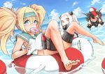  3girls bare_legs barefoot black_hair blonde_hair chinese_commentary closed_eyes cloud cloudy_sky collar commentary_request criss-cross_halter day doughnut dress enemy_lifebuoy_(kantai_collection) fingerless_gloves food gambier_bay_(kantai_collection) gloves green_headband green_sailor_collar hair_between_eyes hairband halterneck headgear highres horns kantai_collection long_hair map mittens multiple_girls nagato_(kantai_collection) no_panties northern_ocean_hime ocean open_mouth orange_eyes pale_skin sailor_collar shinkaisei-kan sky thigh_strap twintails white_dress white_hair white_skin zuoteng_lucha 