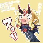  0_0 1girl black_robe blonde_hair blush caster_(fate/zero) caster_(fate/zero)_(cosplay) chibi commentary_request cosplay facial_mark fate/grand_order fate/zero fate_(series) forehead_mark horns ibaraki_douji_(fate/grand_order) long_hair nose_blush oni oni_horns open_mouth outline outstretched_arms pointy_ears robe shachoo. solo translation_request tripping white_outline yellow_background 
