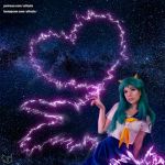  80s aqua_hair blue_eyes breasts collarbone cosplay electricity green_hair horns lips long_hair lum lum_(cosplay) medium_breasts oldschool oni pink_lips school_uniform self_upload serafuku sky solo star_(sky) starry_sky urusei_yatsura watermark web_address 