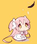  :o blush chibi feathers kaname_madoka long_hair looking_up mahou_shoujo_madoka_magica pink_hair sitting solo sparkle two_side_up ultimate_madoka yellow_background yoru_nai 