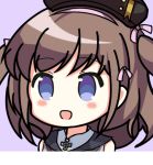  :d azur_lane bangs beret black_hat black_sailor_collar blue_eyes blush brown_hair chinese_commentary commentary_request eyebrows_visible_through_hair hair_ribbon hairband hat iron_cross long_hair looking_at_viewer nagato-chan open_mouth pink_hairband pink_ribbon portrait purple_background ribbon sailor_collar sidelocks simple_background smile solo two_side_up z35_(azur_lane) 