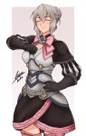  airisubaka black_gloves bow closed_eyes cosplay dress elfi_(fire_emblem_if) elise_(fire_emblem_if) elise_(fire_emblem_if)_(cosplay) fire_emblem fire_emblem_if gloves grey_hair hair_bun hand_on_hip highres pink_bow signature simple_background smile solo 