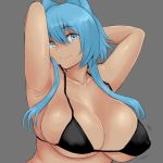  1girl armpits arms_behind_head arms_up bikini_top blue_eyes blue_hair breasts cleavage curvy erect_nipples large_breasts long_hair looking_at_viewer original plump smile solo soranona_(soranosuke) upper_body 