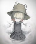  bangs blonde_hair blunt_bangs brown_hat eyebrows_visible_through_hair gradient gradient_background grey_background hair_ribbon hat hikaterujapan lazy_eye long_sleeves looking_at_viewer moriya_suwako muted_color no_nose purple_vest red_eyes red_ribbon ribbon shirt short_hair skirt smile solo touhou traditional_media turtleneck upper_body vest white_background white_shirt wide_sleeves 