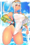  bangs blue_eyes blush commentary_request competition_swimsuit covered_navel cowboy_shot day eyewear_on_head jacket long_hair looking_at_viewer off_shoulder one-piece_swimsuit original panzer parted_lips ponytail sky solo swimsuit tan tanline timer water white_hair 