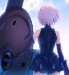  armor armored_dress bare_shoulders commentary_request cowboy_shot elbow_gloves fate/grand_order fate_(series) from_behind gloves mash_kyrielight purple_hair shield short_hair sky solo standing yangsion 