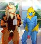  anthro arcanine balls beverage blue_fur canine casual_nudity censored cigarette coffee cup detailed_background duo flaccid fur geiru_mirua holding_object humanoid_penis inside male mammal manectric muscular nintendo nude penis pok&eacute;mon pok&eacute;mon_(species) pubes smile smoking video_games yellow_fur 