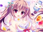  :d animal_ears bangs bare_shoulders bell blue_bow blue_hat blush bow breasts brown_hair cat cat_ears cat_girl cat_tail cleavage commentary_request dress eyebrows_visible_through_hair flower hair_between_eyes hair_bow hair_ornament hairclip hat jingle_bell long_hair looking_at_viewer medium_breasts open_mouth orange_flower original petals pink_bow purple_bow purple_flower red_bow red_eyes red_flower shiwasu_horio smile solo star star_hair_ornament strapless strapless_dress tail top_hat twintails very_long_hair white_dress yellow_flower 
