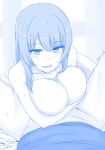  1girl :d arms_under_breasts bangs blue blush breast_hold breasts cleavage cum cum_on_body cum_on_breasts cum_on_upper_body eyebrows_visible_through_hair getsuyoubi_no_tawawa highres large_breasts looking_at_viewer monochrome nao_(ritsancrossover) open_mouth paizuri penis pov smile trembling tsurime 