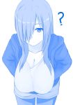  ? blue breasts cleavage hair_over_one_eye hanging_breasts highres hood hooded_jacket huge_breasts jacket looking_at_viewer monochrome nao_(ritsancrossover) open_clothes open_jacket original pai-chan_(nao) pantyhose pantyhose_under_shorts shorts simple_background solo white_background 