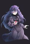  1girl ahoge black_background blue_eyes breasts brellom dress headband hex_maniac_(pokemon) large_breasts long_hair long_sleeves messy_hair npc_trainer poke_ball pokemon pokemon_(game) purple_hair simple_background sketch smile solo turtleneck 