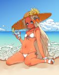  abigail_williams_(fate/grand_order) bangs bare_shoulders beach bikini black_bow blonde_hair blue_eyes blush bow breasts cloud cup dark_skin day drinking_straw fate/grand_order fate_(series) flower front-tie_bikini front-tie_top hair_bow hat hat_flower highres ice ice_cube kobo_(cobo_0609) long_hair looking_at_viewer navel ocean orange_bow outdoors parted_bangs polka_dot polka_dot_bow sandals shiny shiny_skin side-tie_bikini sitting sketch skindentation sky small_breasts smile solo straw_hat sun_hat sunflower swimsuit tan very_long_hair wariza water white_bikini 