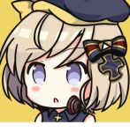  :o azur_lane bangs bare_shoulders beret blue_bow blue_dress blue_hat blush bow chinese_commentary collared_dress commentary_request dress eyebrows_visible_through_hair hair_between_eyes hair_bow hat hat_bow iron_cross light_brown_hair looking_at_viewer nagato-chan parted_lips purple_eyes short_hair simple_background sleeveless sleeveless_dress solo striped striped_bow yellow_background yellow_bow z23_(azur_lane) 