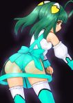  1girl ahoge ass bare_shoulders black_background blush bow breasts detached_sleeves frilled_legwear green_hair green_legwear green_panties long_hair looking_back otomedius panties shiny shiny_hair shiny_skin sideboob simple_background sleeves_past_wrists solo thigh_gap thigh_strap thighhighs tita_nium transparent twintails underwear yellow_eyes 