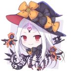  1girl abigail_williams_(fate/grand_order) bangs black_bow black_hat black_panties blush bow chibi closed_mouth commentary_request fate/grand_order fate_(series) full_body glowing grey_background hat hat_bow key long_hair looking_at_viewer orange_bow oversized_object pale_skin panties parted_bangs print_bow red_eyes revealing_clothes smile solo star star_print topless two-tone_background underwear v-shaped_eyebrows very_long_hair white_background white_hair witch_hat 