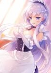  :d apron azur_lane bangs belfast_(azur_lane) black_dress blurry blurry_background blush braid breasts chain cleavage collarbone commentary_request day depth_of_field dress dutch_angle elbow_gloves eyebrows_visible_through_hair frilled_apron frills glint gloves hair_between_eyes hand_on_own_chest hands_up highres jewelry large_breasts long_hair looking_away maid maid_headdress natsuki_marina open_mouth purple_eyes ring silver_hair sleeveless sleeveless_dress smile solo sparkle sunlight very_long_hair waist_apron wedding_band white_apron white_gloves 