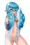  1girl bottomless cum glasses ink inkling penis solo splatoon tentacle_hair tongue_out tonguejob unbuttoned_shirt 