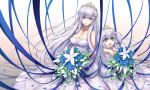  :d azur_lane bad_id bad_pixiv_id bangs bare_shoulders belchan_(azur_lane) belfast_(azur_lane) blue_flower blue_ribbon blue_rose blush bouquet braid breasts bride cleavage closed_mouth collarbone commentary_request dress earrings eyebrows_visible_through_hair flower hair_between_eyes hair_ribbon head_tilt highres holding holding_bouquet jewelry large_breasts multiple_girls one_side_up open_mouth outstretched_arms purple_eyes ribbon rose silver_hair smile strapless strapless_dress tama_yu tiara upper_teeth wedding_dress white_dress white_flower younger 