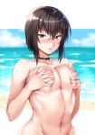  ameno_shigure bangs black_hair blush breast_hold breasts brown_eyes choker cloud collarbone deep_skin eyebrows_visible_through_hair girls_und_panzer hair_between_eyes horizon kawashima_momo looking_at_viewer medium_breasts monocle navel nipples nude ocean open_mouth self_fondle semi-rimless_eyewear short_hair sky solo under-rim_eyewear upper_body water 