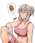  abs airisubaka boned_meat closed_eyes dreaming drooling elfi_(fire_emblem_if) eyebrows_visible_through_hair fire_emblem fire_emblem_if food grey_hair hair_bun highres hungry meat midriff muscle muscular_female signature sports_bra thinking wrist_wrap 