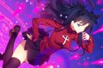  :d bangs black_hair black_legwear black_ribbon black_skirt blue_eyes fate/stay_night fate_(series) gem hair_ribbon hand_on_hip leg_up light_particles long_hair looking_at_viewer magic_circle open_mouth parted_bangs pleated_skirt red_sweater ribbon shoes skirt smile solo sweater thighhighs toosaka_rin turtleneck turtleneck_sweater two_side_up yangsion zettai_ryouiki 