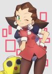  1girl brown_hair capcom crotch_plate earrings gazacy_(dai) green_eyes hair_pulled_back hairband highres jewelry kobun looking_at_viewer marvel_vs._capcom one_eye_closed open_mouth pink_hairband robot rockman rockman_dash short_hair simple_background skull smile solo tron_bonne 