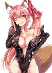  animal_ear_fluff animal_ears assertive blush bow breasts choker cleavage collarbone come_hither covered_nipples cowboy_shot eyebrows_visible_through_hair fate/grand_order fate_(series) fox_ears fox_tail glasses hair_between_eyes hair_bow highres konka large_breasts licking_lips long_hair looking_at_viewer no_bra no_panties pink_hair ponytail simple_background slit_pupils solo tail tamamo_(assassin)_(fate) tamamo_(fate)_(all) tamamo_no_mae_(fate) tongue tongue_out very_long_hair yellow_eyes 