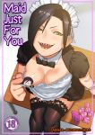  alternate_costume apron black_hair black_legwear bow bowtie braid breast_slip breasts budiwanthoro censored character_censor chikujouin_magane classroom cleavage condom condom_wrapper cover cover_page desk detached_collar doujin_cover english enmaided from_above highres large_breasts long_hair looking_at_viewer looking_up maid maid_headdress novelty_censor on_desk open_mouth pun re:creators school_desk sharp_teeth single_braid sitting sitting_on_desk smile solo teeth thighhighs yellow_eyes 