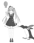  aer7o animal balloon bird blush closed_mouth dress facial_mark girls_frontline greyscale hair_ornament hand_up highres hk416_(girls_frontline) holding holding_balloon long_hair long_sleeves looking_at_viewer monochrome mouth_hold penguin shirt shoes simple_background sketch sleeveless sleeveless_dress socks solo twintails very_long_hair white_background 