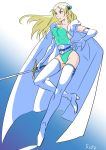  blonde_hair blue_eyes boots breasts cape celes_chere cleavage commentary_request final_fantasy final_fantasy_vi green_leotard high_heel_boots high_heels highleg highleg_leotard leotard long_hair sio2_(nisankakeiso) solo sword thigh_boots thighhighs weapon 