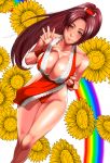  1girl bare_shoulders breasts brown_eyes brown_hair cleavage fatal_fury large_breasts long_hair looking_at_viewer ponytail rainbow shiranui_mai smile solo sunflower 