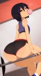  1girl asian ass bare_shoulders big_hero_6 black_hair chewing_gum from_behind gogo_tomago half-closed_eyes huge_ass looking_back merunyaa purple_hair short_hair short_shorts shorts sitting solo sports_bra streaked_hair sweat thick_thighs thighs 
