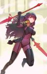  bad_id bad_pixiv_id bangs bodysuit breasts capelet circlet commentary covered_navel fate/grand_order fate_(series) forehead_jewel gae_bolg highres large_breasts long_hair pauldrons polearm purple_bodysuit purple_hair red_eyes scathach_(fate)_(all) scathach_(fate/grand_order) solo spear thighs tim_loechner veil weapon 