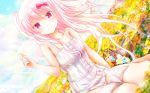  arm_up barefoot basket book bow cloud commentary_request dress feathers field flower flower_field girlfriend_(kari) hair_bow highres holding kagami_matsuri long_hair masa_(mirage77) outdoors pink_eyes pink_hair ribbon short_dress side_ponytail sitting sky smile solo sundress white_dress 