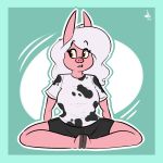  amoo anthro breasts clothed clothing eyelashes female fully_clothed hair hooves komponi light_skin long_ears long_hair mammal pig pink_nose pink_skin porcine shirt shorts sitting solo white_clothing white_hair yellow_eyes 