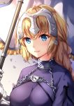  :d bangs blonde_hair blue_eyes blush braid breasts chahei chain commentary_request dress eyebrows_visible_through_hair fate/apocrypha fate/grand_order fate_(series) gauntlets hair_between_eyes head_tilt headpiece highres holding jeanne_d'arc_(fate) jeanne_d'arc_(fate)_(all) large_breasts long_hair looking_at_viewer open_mouth purple_dress smile solo 